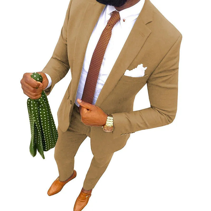 Men's two-piece suit in a choice of colours, showing jacket and trousers for formal banquet wear.