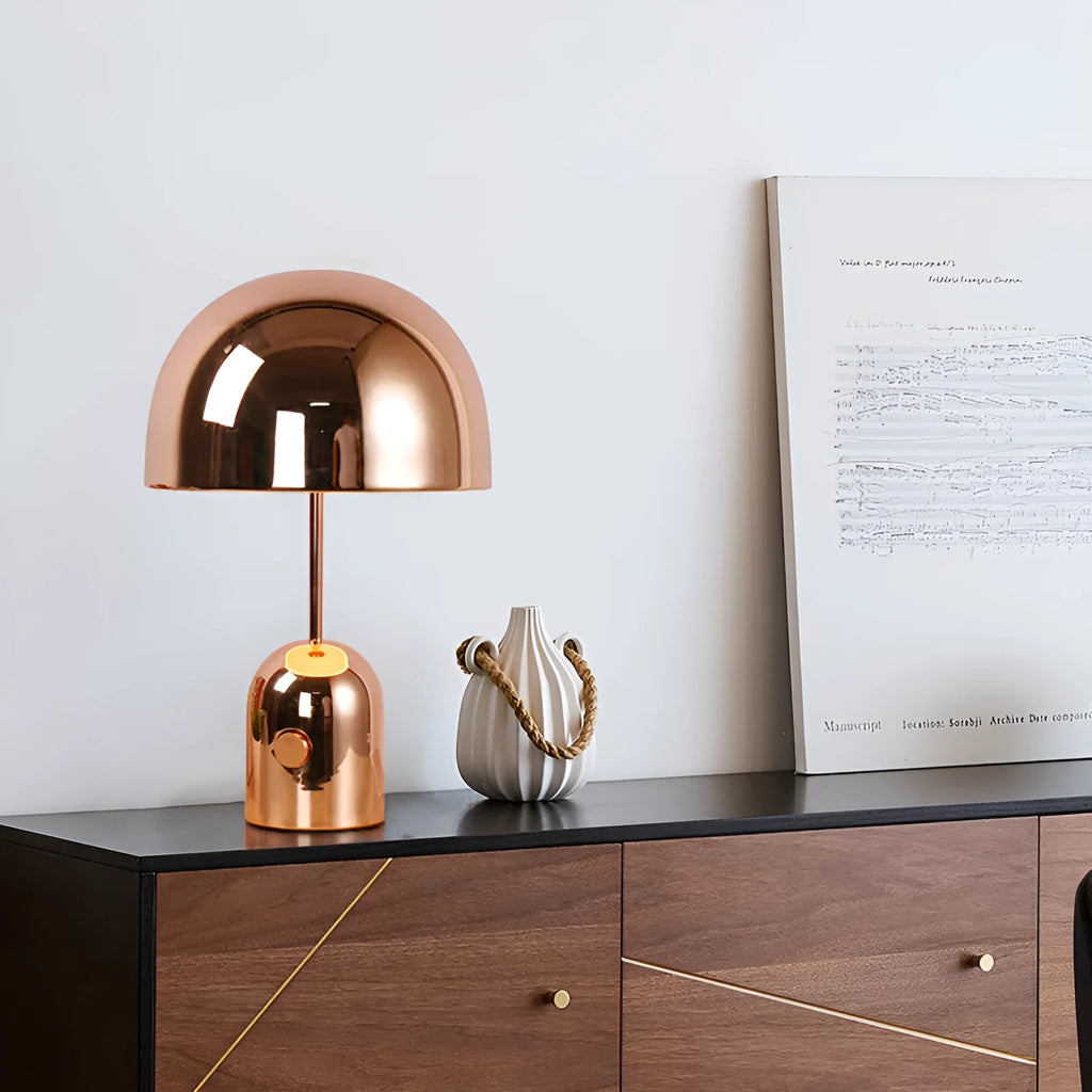 Mushroom-shaped metal table lamp in rose gold, gold, or chrome finish