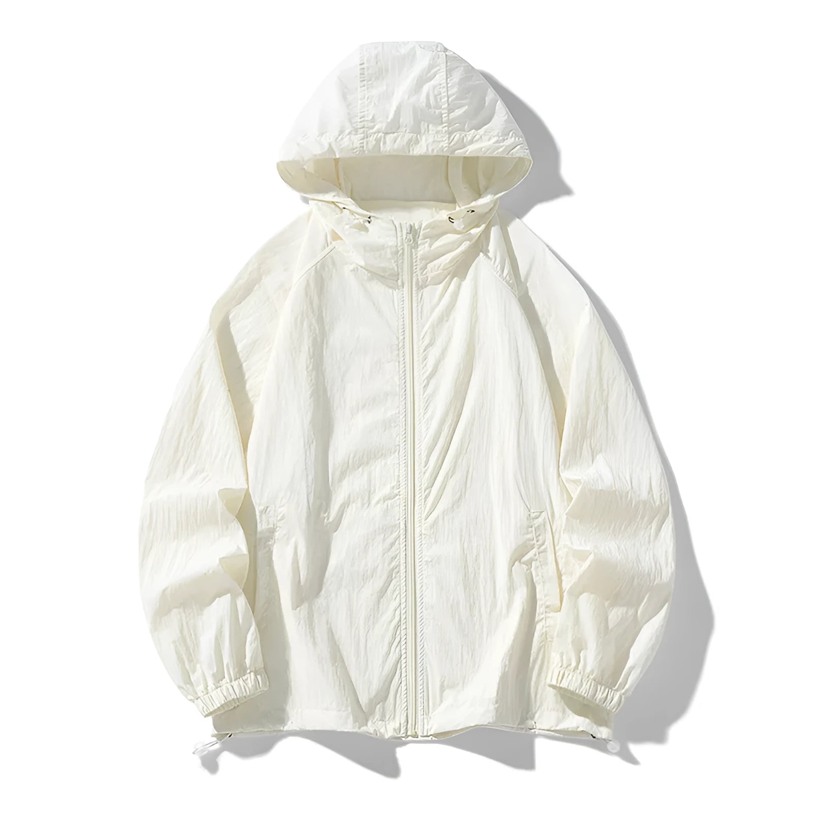 Loose fit outdoor jacket in chemical fibre fabric with sun-protective properties