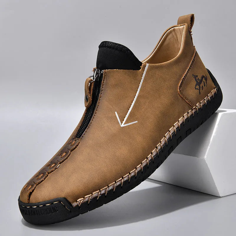 Men's leather-style boots with front zipper closure in multiple colour options