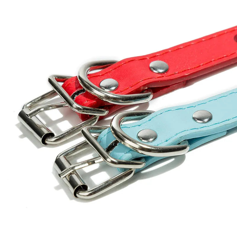 Studded anti-bite dog collar in thickened PU leather with metal alloy buckle, shown in multiple colours