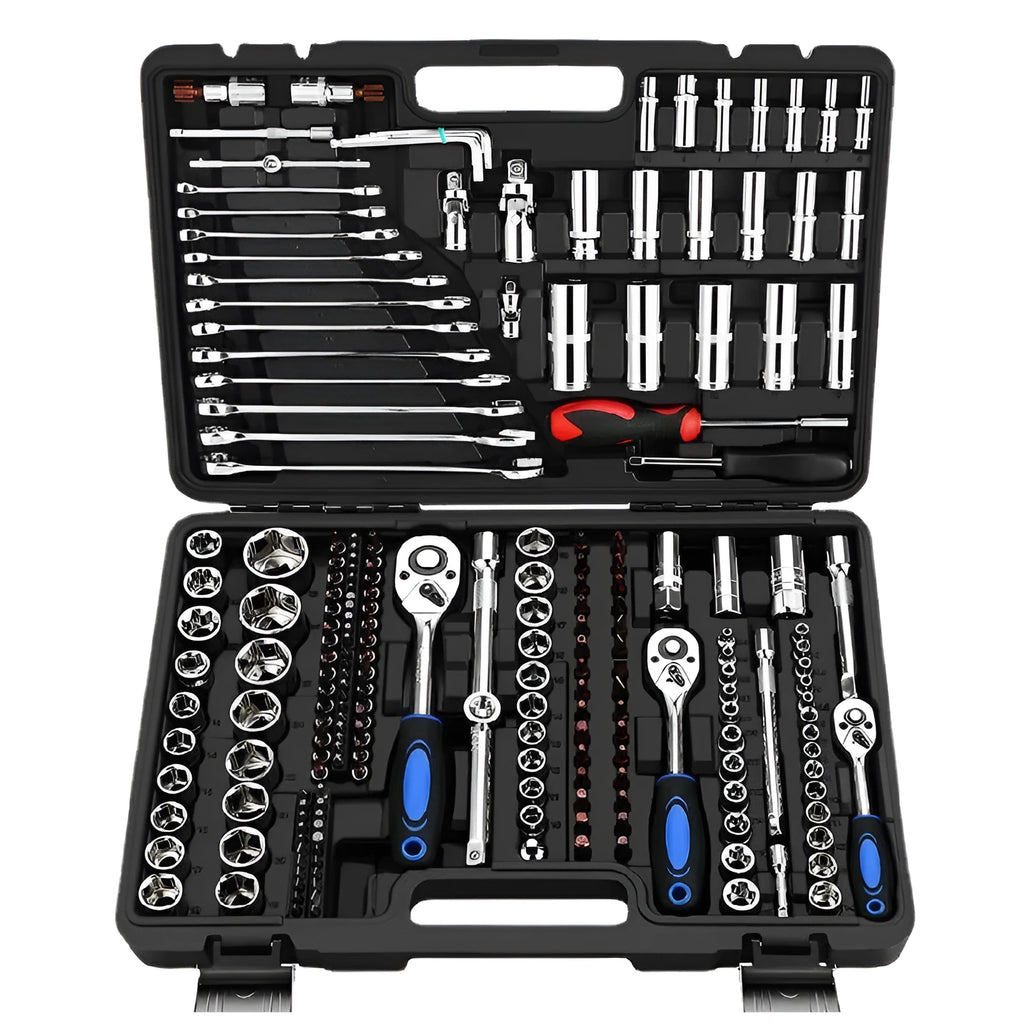 Socket ratchet wrench tool set with chromium vanadium steel construction for home and auto repair