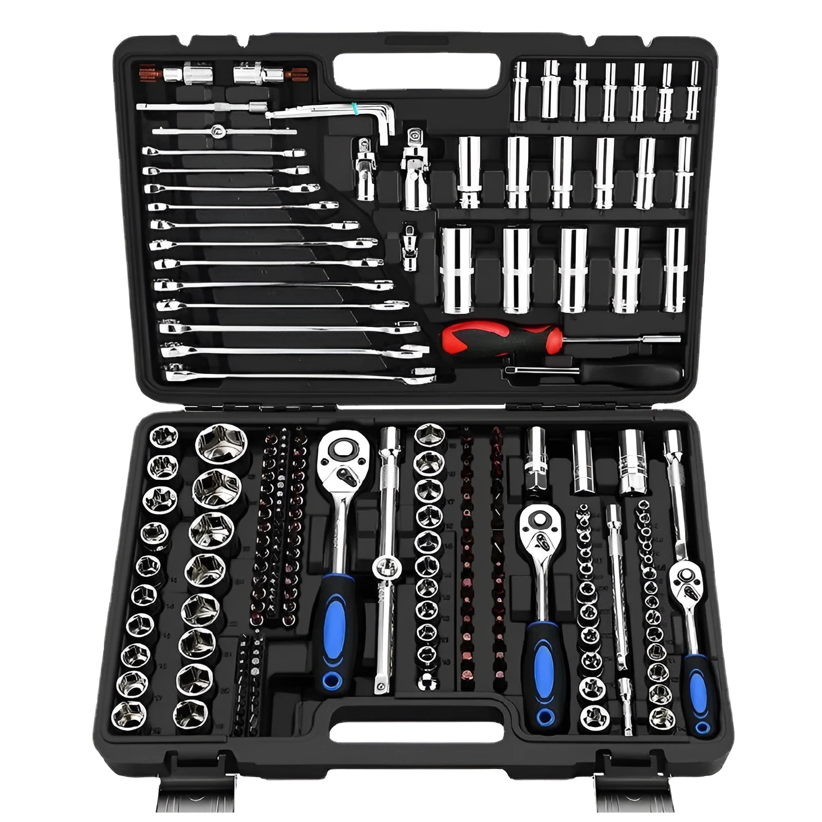 Socket ratchet wrench tool set with chromium vanadium steel construction for home and auto repair