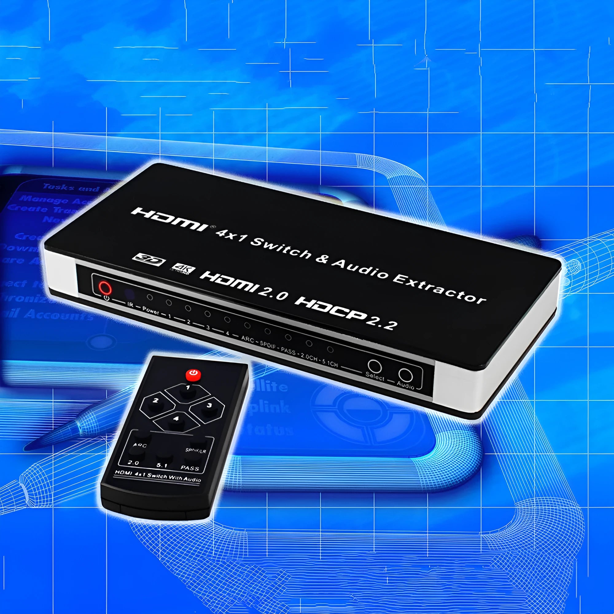 Black HDMI audio switch with remote control for 4 input 1 output video switching