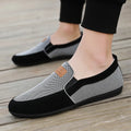 Men's grey and khaki canvas casual shoes with round toe and stitching detail.
