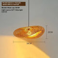 Bamboo straw hat-shaped hanging pendant lamp in natural material showing diameter size options