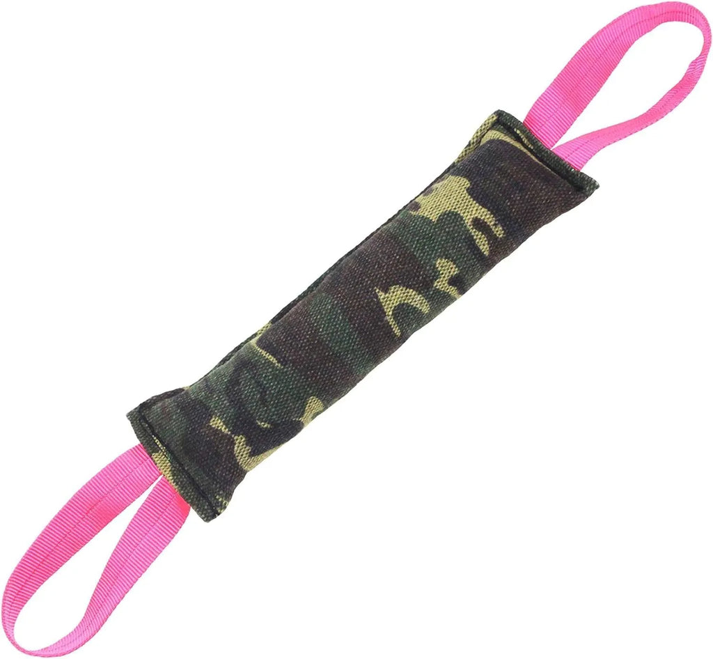 Beige jute dog tug toy with two handles for interactive training play