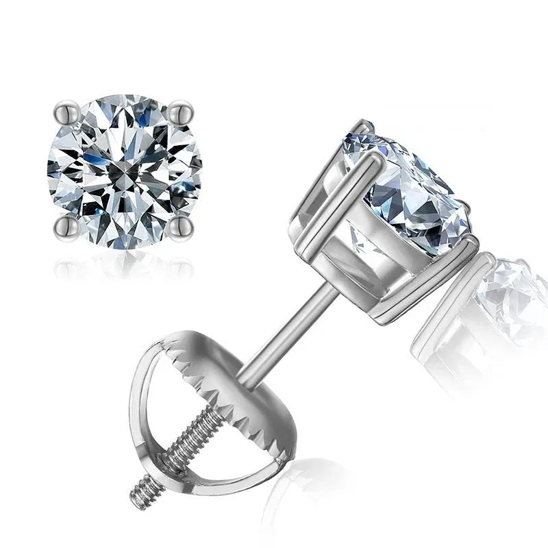 Screw back four claw moissanite stud earrings for women, 7mm geometric silver jewellery