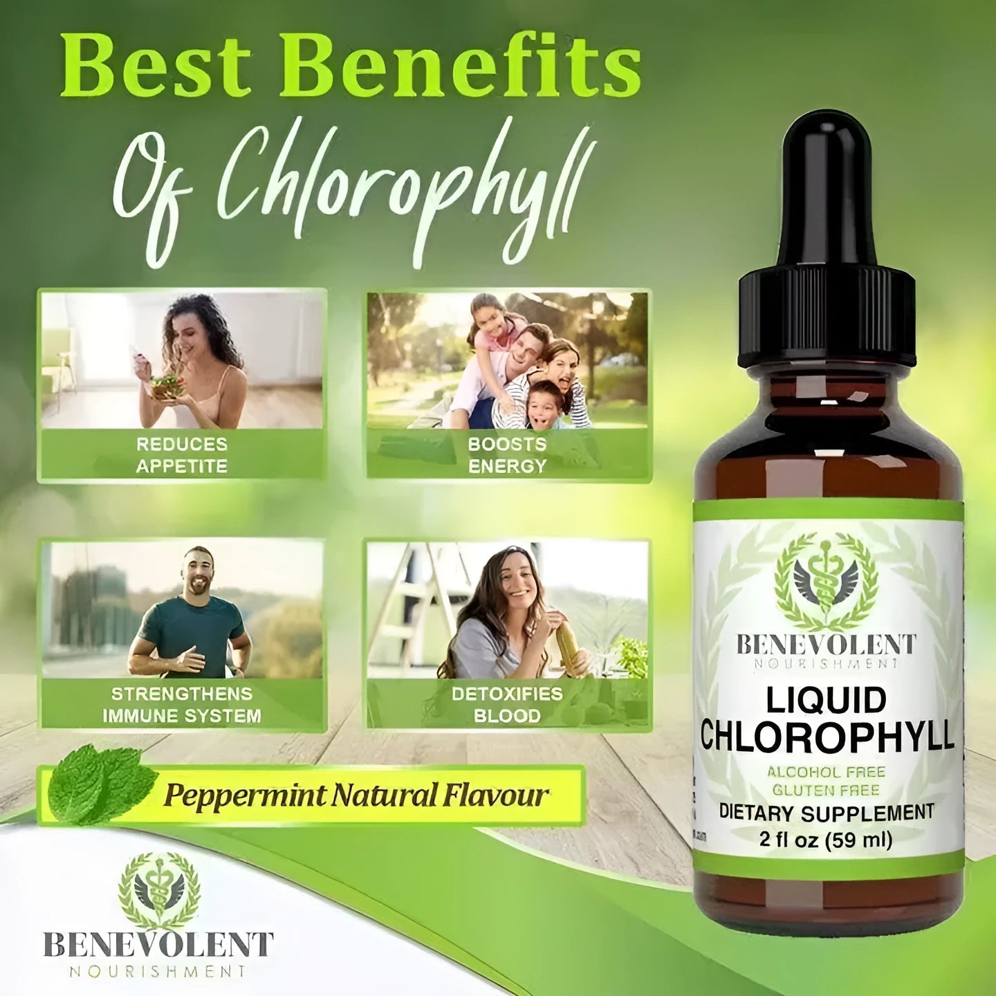 60ml bottle of liquid chlorophyll drops with dropper for body odour and intestinal care