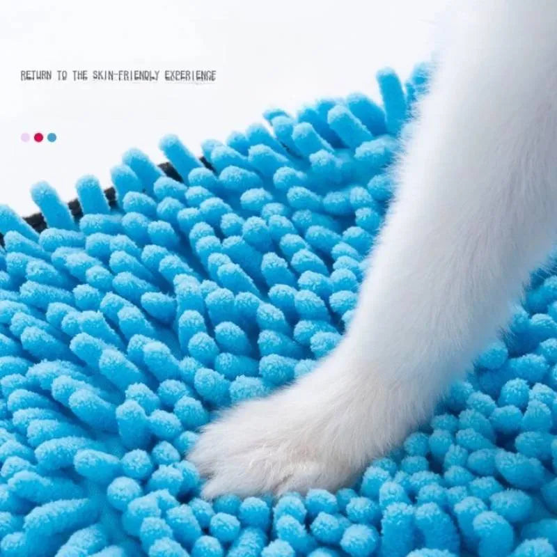 Soft fibre pet bath towel in blue, grey, purple, or red, measuring 62 cm by 23 cm.