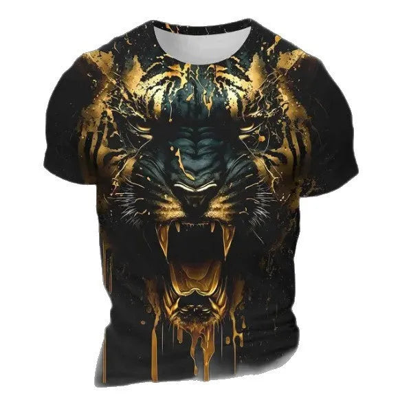 Man wearing a short sleeve T-shirt with a large 3D tiger pattern print across the chest.