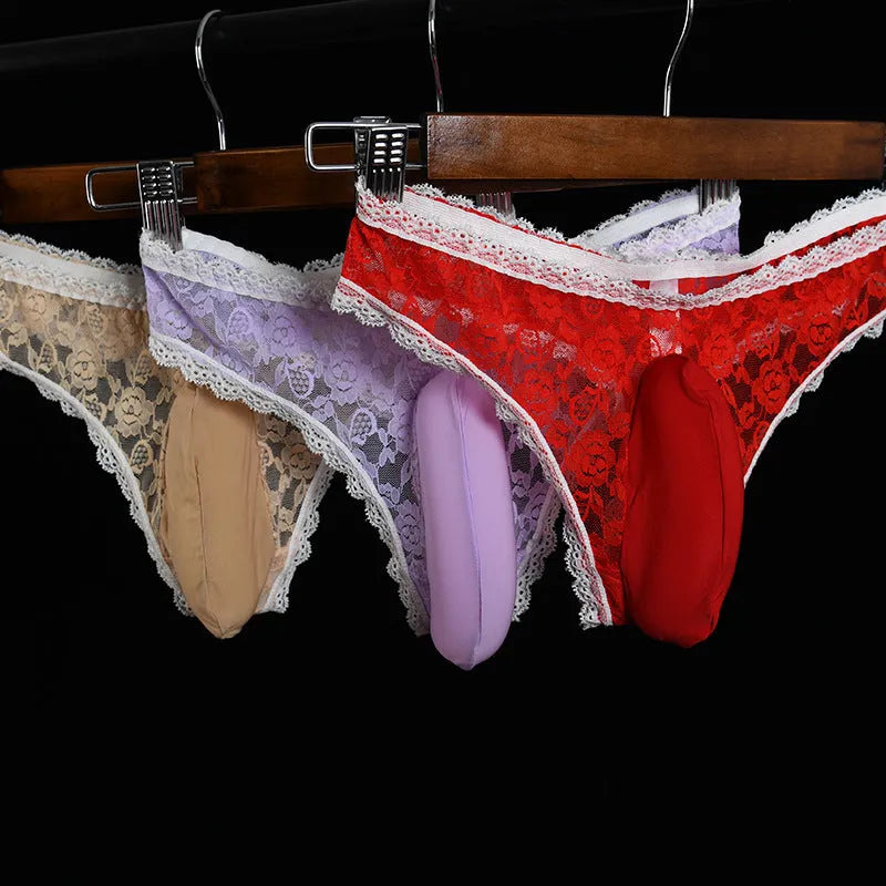 Qing He men's lace underwear with vertical bag egg design in multiple colour options