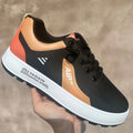Men's round-toe casual shoes in artificial PU, shown in white and orange, white and black, and white and brown colour options.