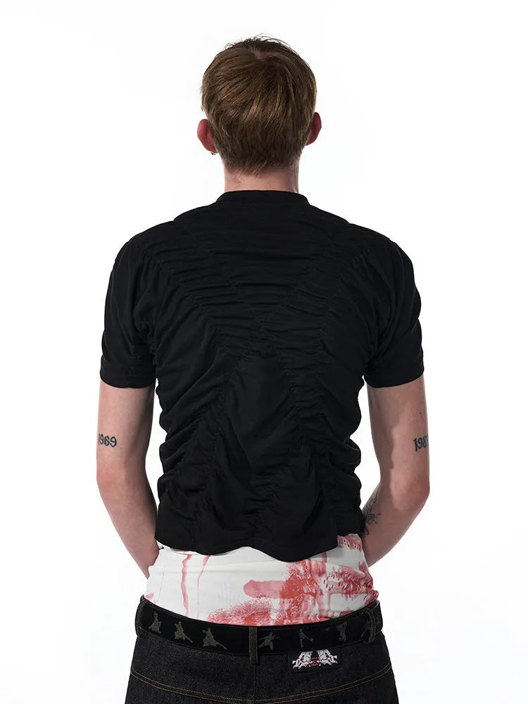 Black men's slim fit short sleeve T-shirt with a textured pleated print design and round neck collar