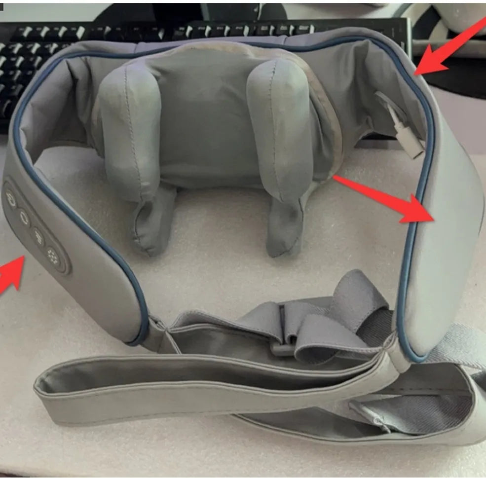 Grey USB-powered neck and back massager with infrared physiotherapy function and dual gear settings