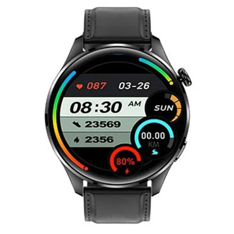 Smart watch with round colour screen showing interface, black zinc alloy case with silicone strap