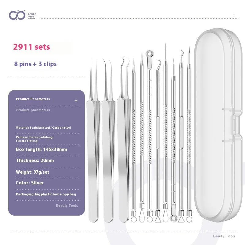 Four metal acne needles with ultra-fine pointed tips laid out in a set.