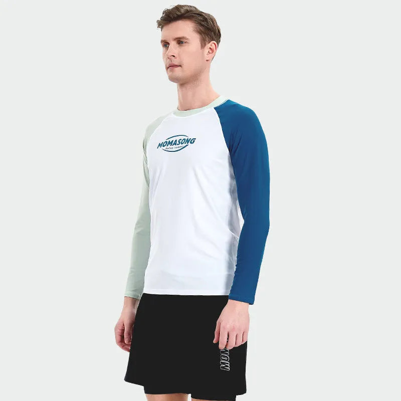 Men's white long-sleeved swimsuit top with matching trousers for outdoor water sports
