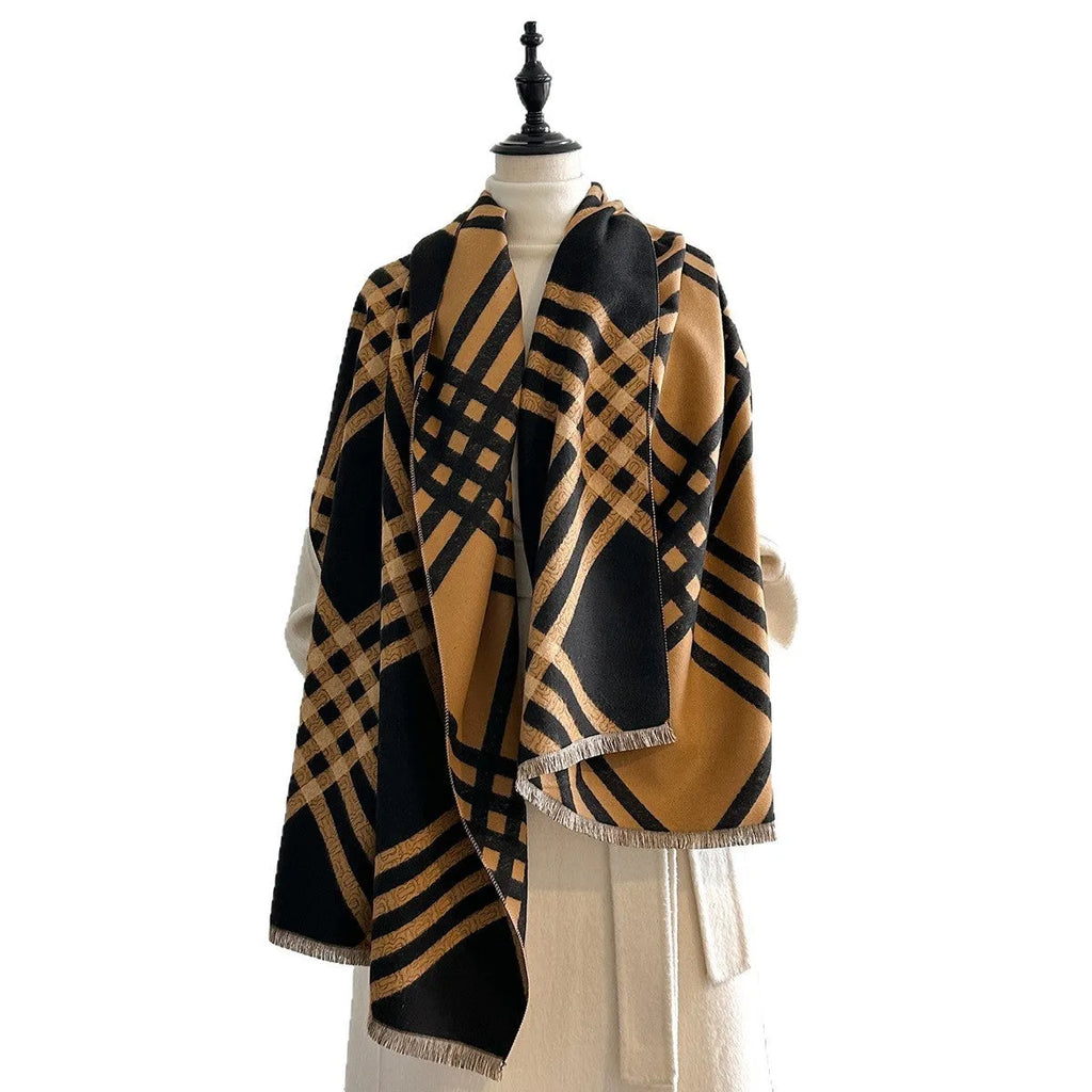 Large brown imitation cashmere winter scarf with tassels laid flat showing full 185cm length.