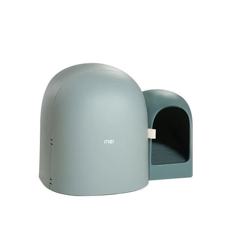 Oversized fully enclosed cat litter box in ABS plastic showing aurora white, moss green, and milk tea colour options.