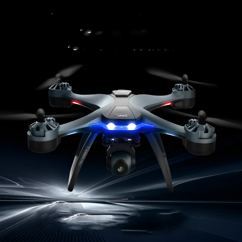 Plastic quadrocopter drone with four rotors, a remote controller, and spare blades on a blue background.