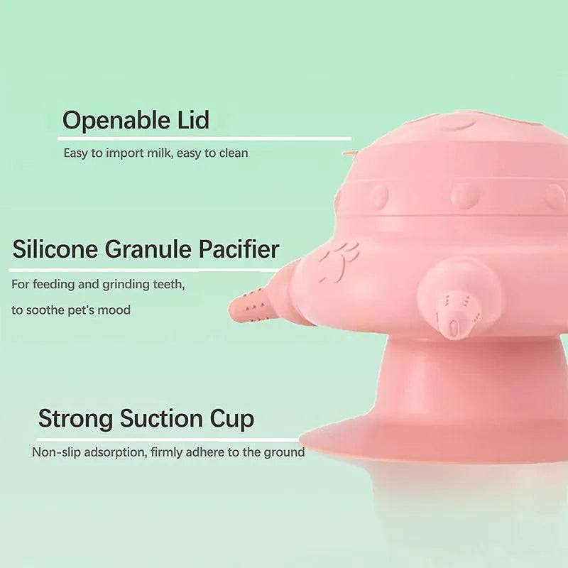 Pink silicone pet nursing bottle with bionic breast design and four pacifiers