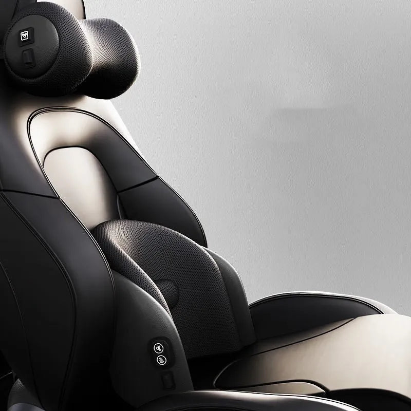 Memory foam car seat massage cushion for lumbar and headrest support in grey colour.