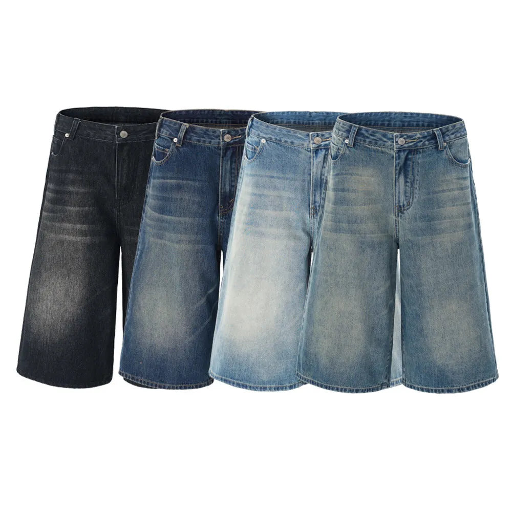 Men's light blue denim shorts with a straight-leg, cropped cut on a casual background.