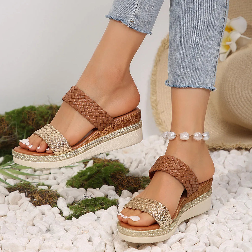 Women's plus size wedge sandals in gold metallic finish with rubber sole