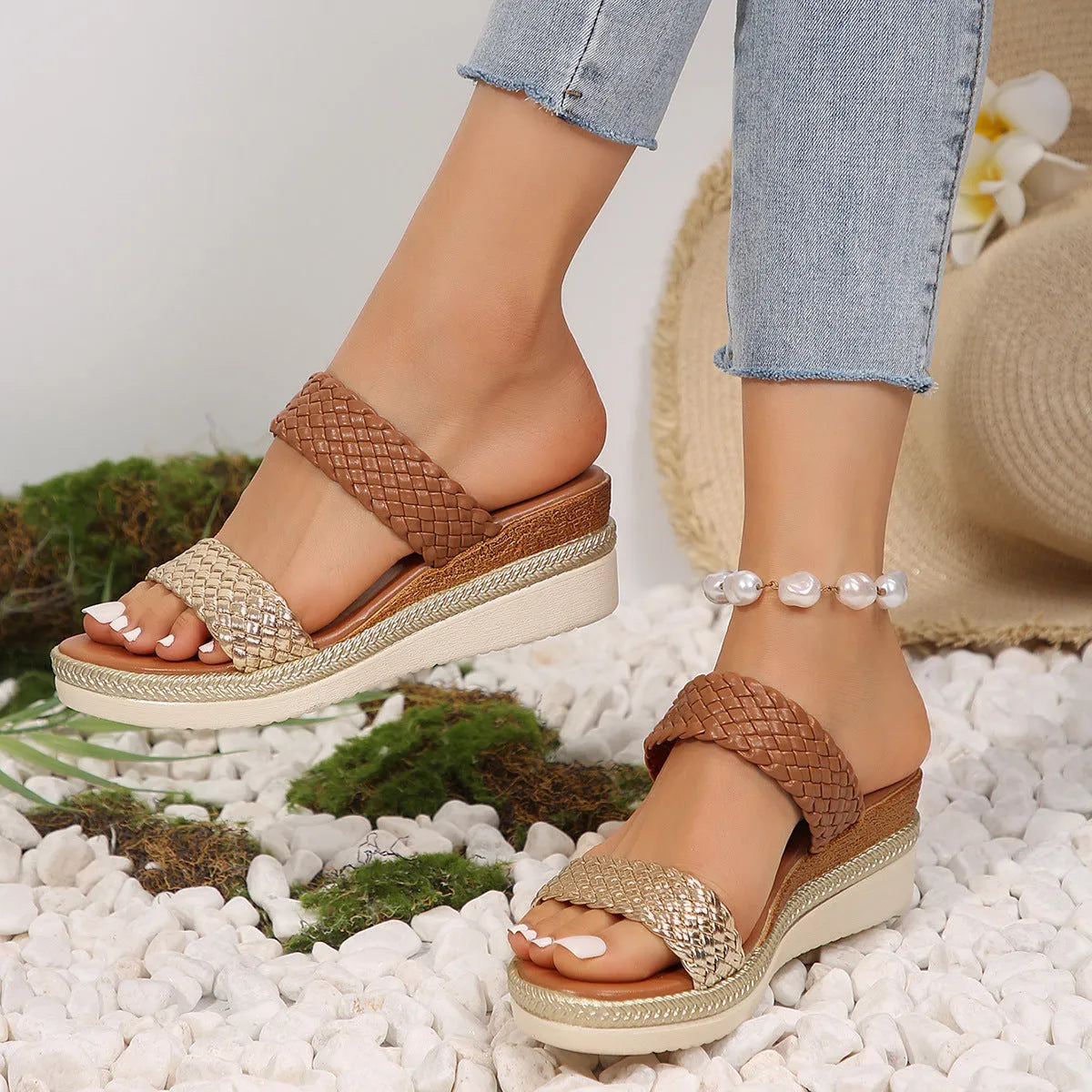 Women's plus size wedge sandals in gold metallic finish with rubber sole