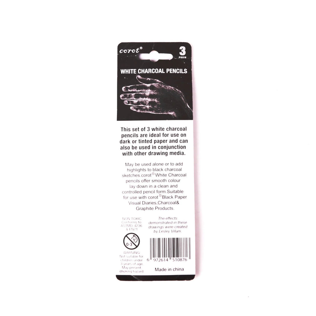 Three white charcoal pencils with wooden casings for drawing and highlighting