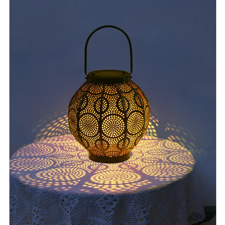 JYL3360 solar-powered decorative iron courtyard lantern with warm white LED lighting