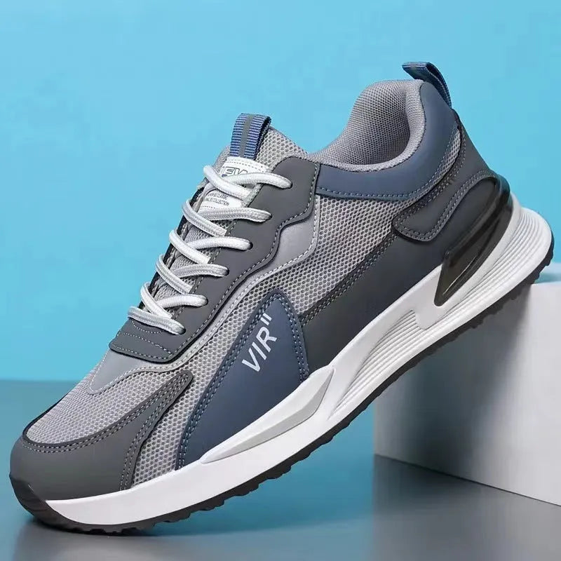 Men's colour block mesh casual running shoes in black, flat heel and round toe design.