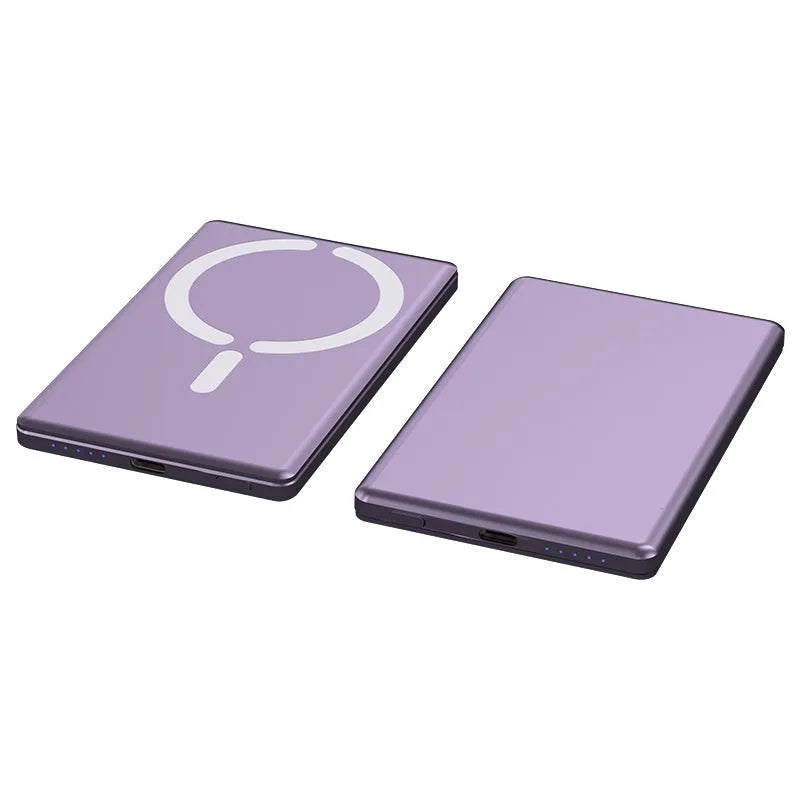 Ultra-thin dark grey magnetic power bank showing 9mm slim profile and compact size