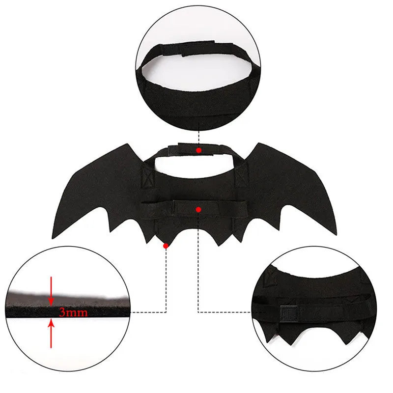 Black felt bat wings for a cat with adjustable Velcro straps, Halloween pet accessory