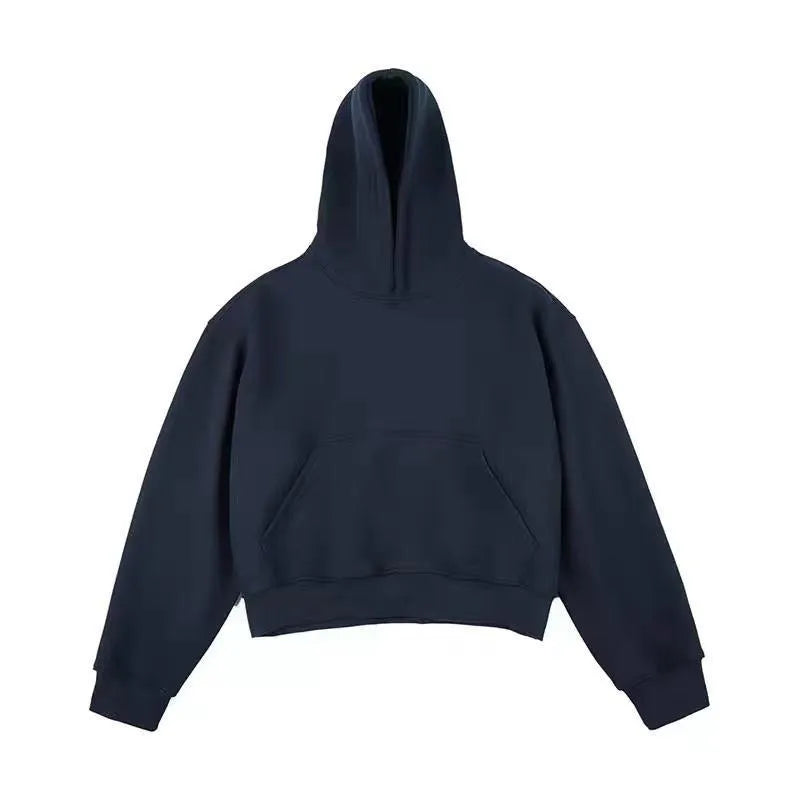 Short silver fox velvet hooded sweater in dark grey on a hanger, showing removable hood and long sleeves.