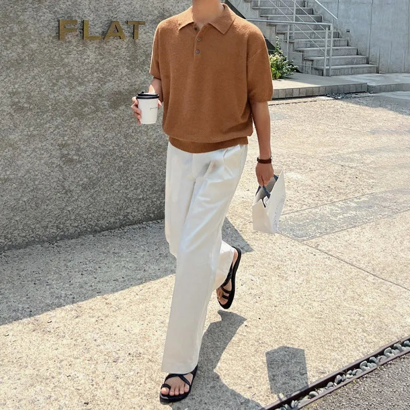 Men's retro knitted polo shirt in caramel colour with asymmetric design detail and short sleeves