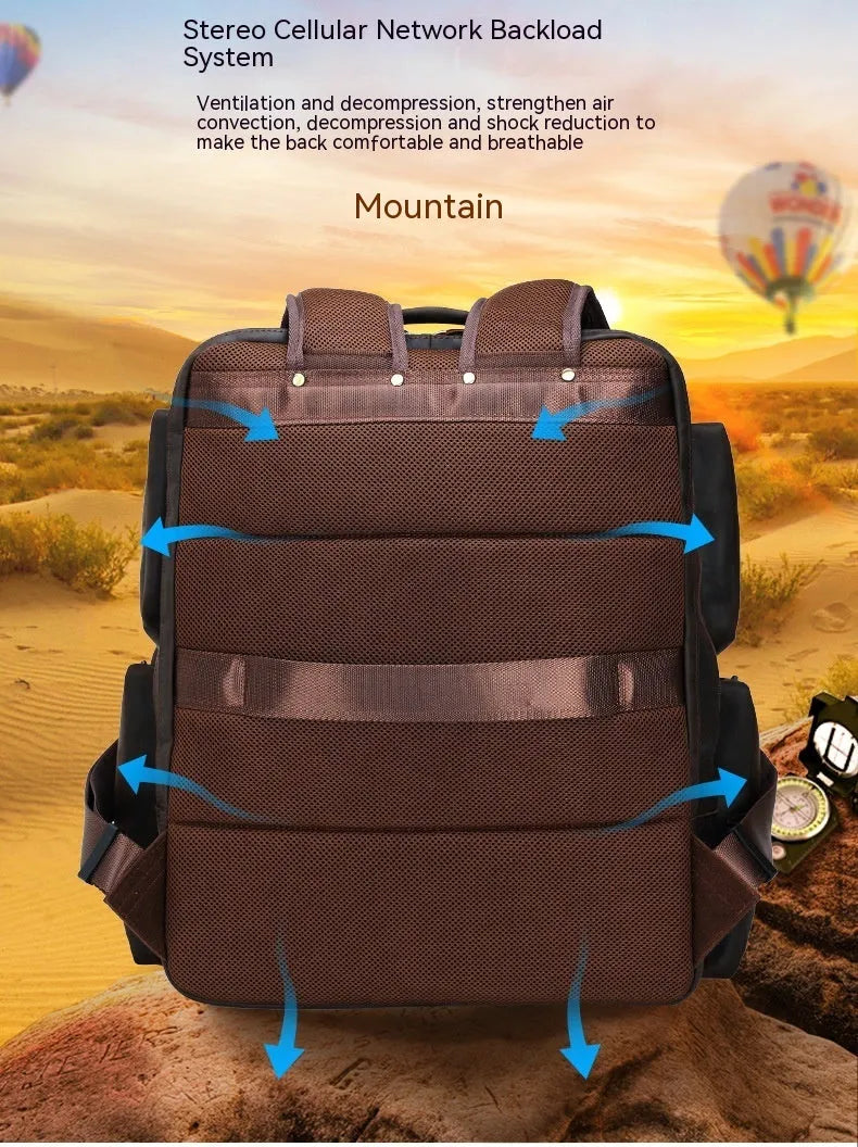 Dark brown retro crazy horse leather backpack for a 17-inch laptop, showing double shoulder straps and external pockets.