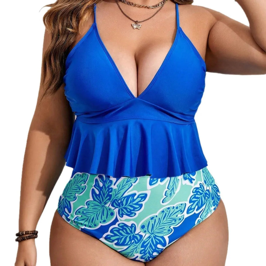 Blue plus-size women's two-piece bikini swimsuit with briefs shorts.