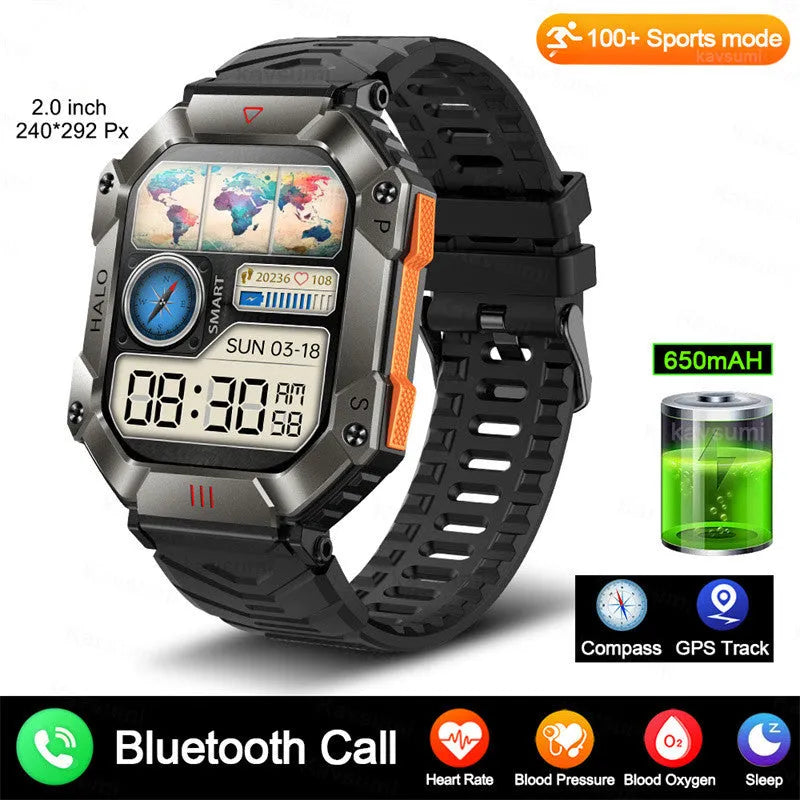 Android smart watch with titanium case on wrist, showing black camouflage strap option and display.