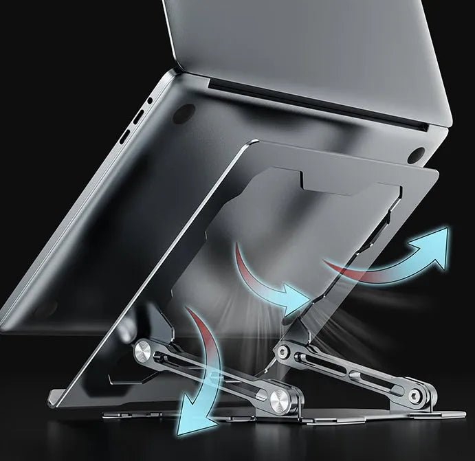 Grey aluminium laptop stand with adjustable angle and folding portable design