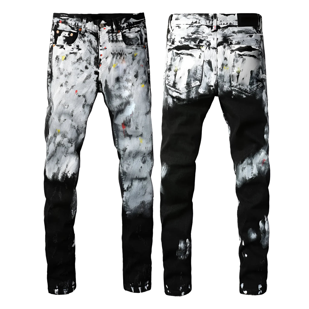 Men's black slim fit stretch jeans with a button fly and straight skinny leg