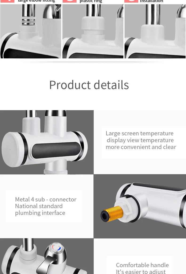 White electric instant water heater tap with digital temperature display for kitchen sink.