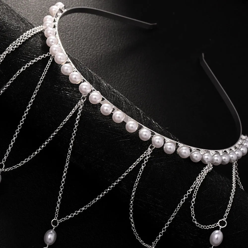 Gold mesh hair chain with pearl embellishments and tassel details for women