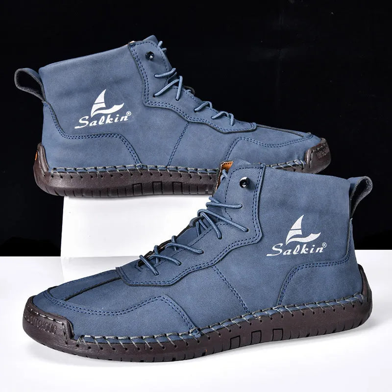 Retro high-top casual boots in beige with elastic side closure and round toe