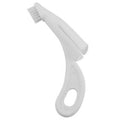 Red and white pet finger toothbrush with silicone bristles for cleaning dog and cat teeth.