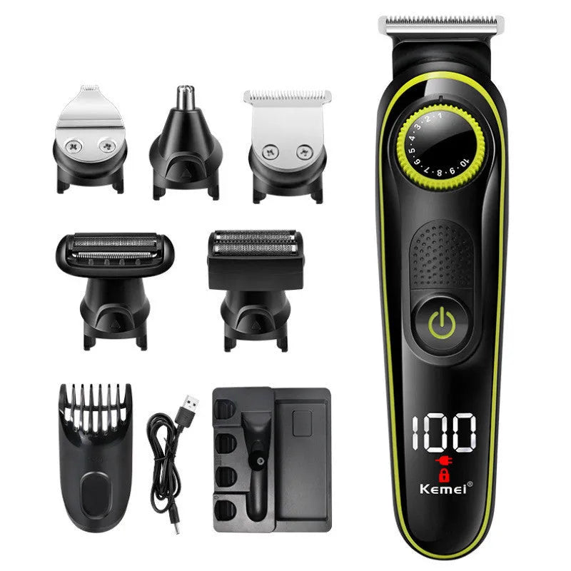 Black KM-696 rechargeable electric hair clipper set with stainless steel blades and USB charging cable