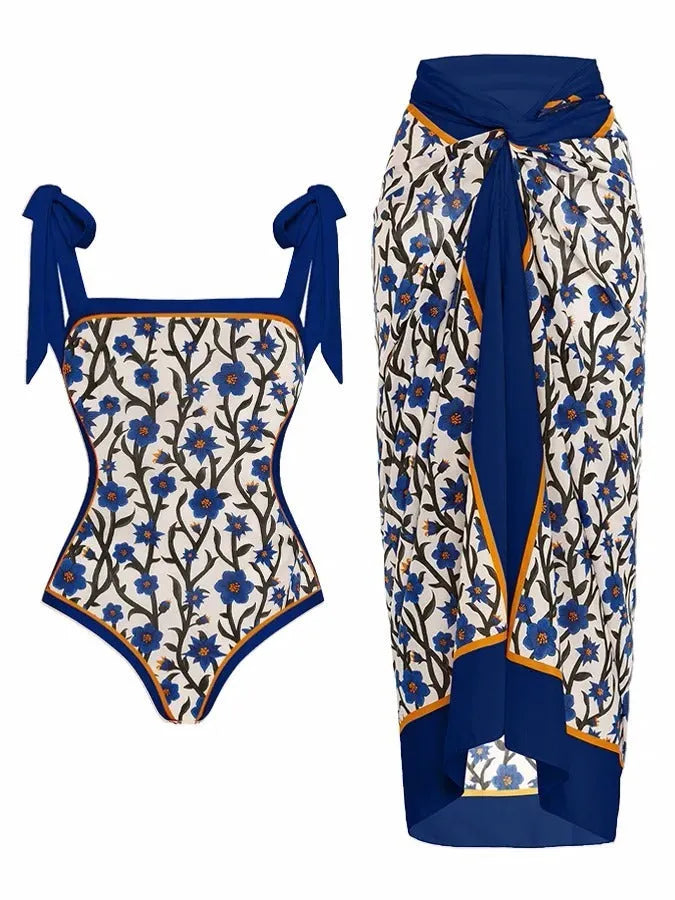 Women's printed floral two-piece swimsuit with chiffon hip skirt in multiple colour options