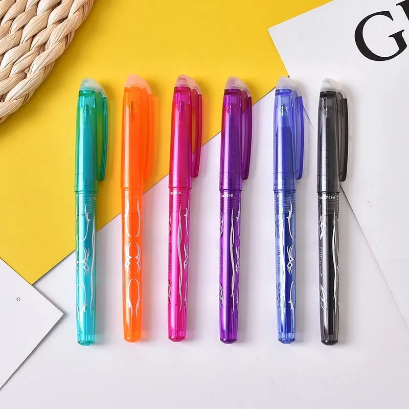 Hot erasable gel pen set showing plastic shell construction and stainless steel nib options in 0.5mm and 0.7mm sizes