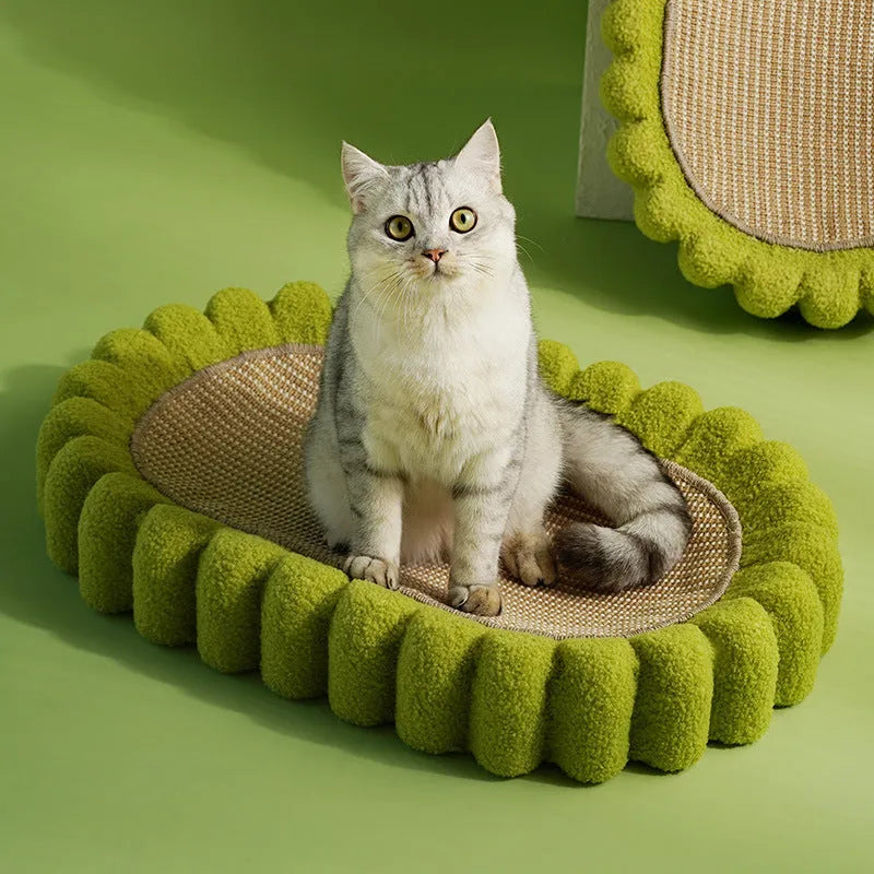 Green oval cat scratch pad bowl made from sisal measuring 650x420x100mm